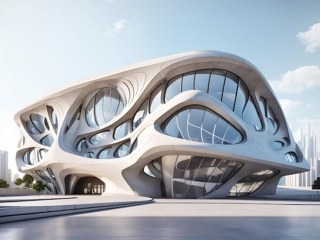 Exterior de construção de arquitetura de concreto futurista com estrutura de fachada de janelas paramétricas