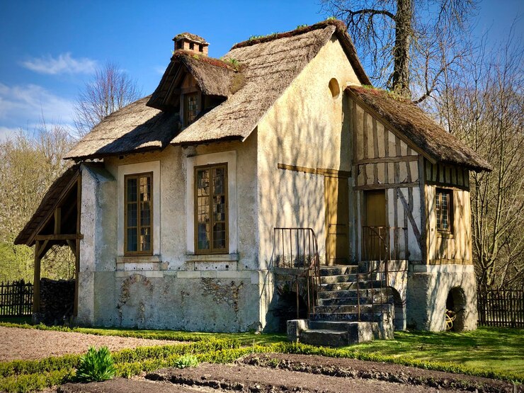 Foto exterior de uma casa abandonada no campo contra o céu