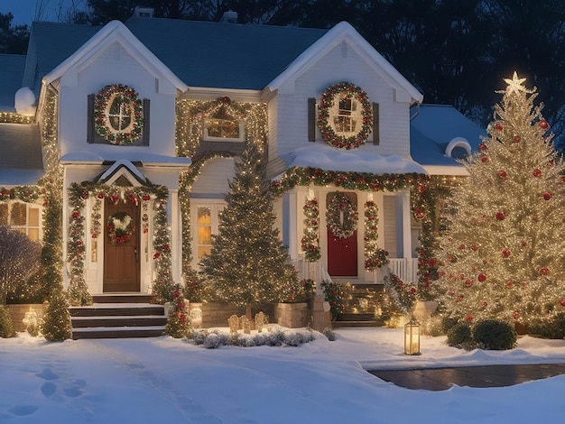 Exterior de uma casa suburbana nos EUA decorada para o Natal e os feriados de ano novo