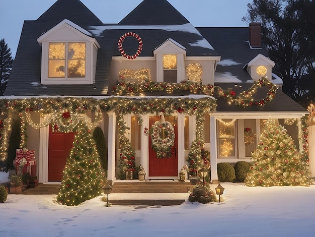 Exterior de uma casa suburbana nos EUA decorada para o Natal e os feriados de ano novo