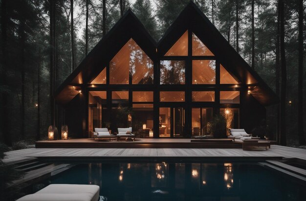 Exterior de vila de luxo moderna em estilo minimalista para glamping de luxo Casinha de vidro na floresta em nig