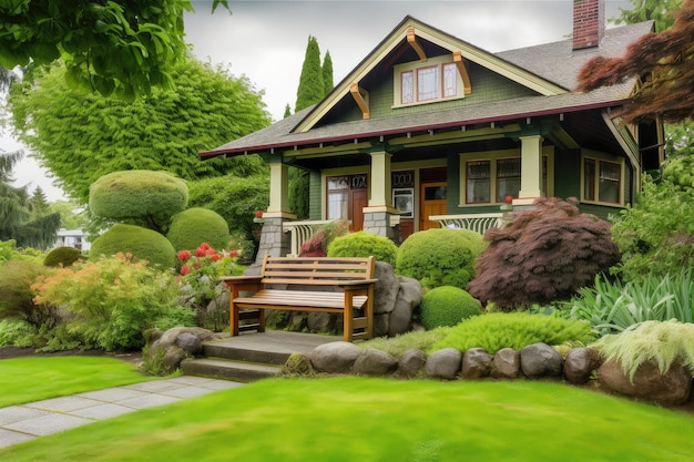 Exterior des Handwerkerhauses mit üppigem Garten und dekorativer Holzbank