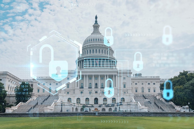 Exterior do edifício da cúpula do Capitólio Washington DC EUA Sede do Congresso e Capitol Hill Sistema político americano O conceito de segurança cibernética para proteger o holograma de cadeado de informações confidenciais