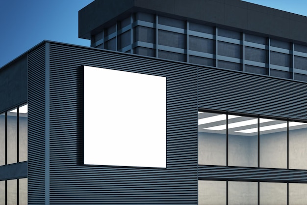 Exterior do edifício moderno com outdoor de banner branco vazio no fundo do céu noturno Anúncio e conceito comercial Renderização em 3D