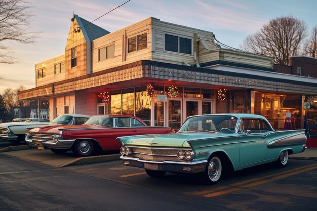 Foto exterior do restaurante com carros antigos estacionados do lado de fora criados com ia generativa