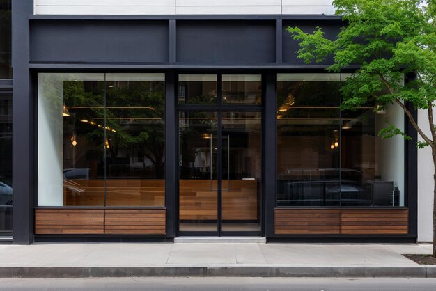 Foto exterior de edificio contemporáneo con una fachada elegante con grandes ventanas de vidrio y una elegante decoración de madera que personifica el diseño moderno de propiedades comerciales