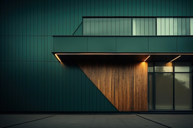 Exterior del edificio de estilo moderno con paredes a rayas de madera y verde oscuro