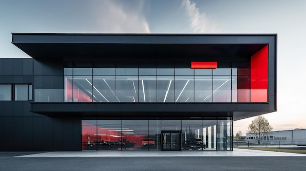 Exterior del edificio minimalista en negro y rojo