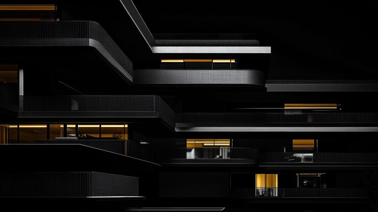 Exterior de un edificio moderno con balcones y ventanas por la noche
