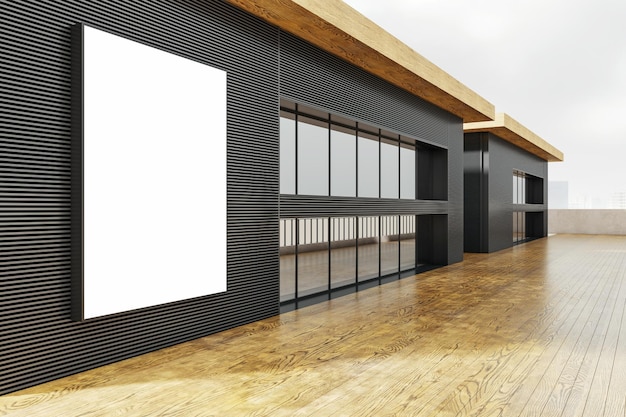 Exterior de edificio moderno con maqueta publicitaria vacía en una pared texturizada Concepto de marketing Renderizado en 3D