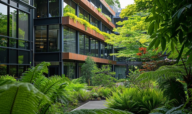 El exterior del edificio de oficinas rodeado de paisaje urbano