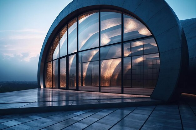 El exterior del edificio tiene una pared curva y ventanas esféricas en el fondo.