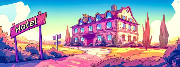 Exterior eines Cartoon-Hotels in einer lebendigen Sonnenuntergangslandschaft