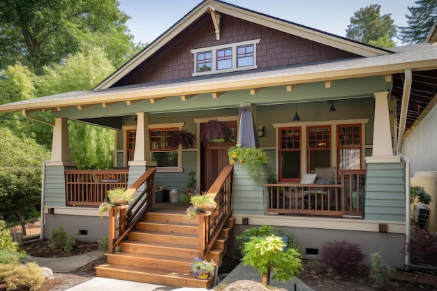 Exterior eines Handwerkerhauses mit Veranda vorne und Schaukelstuhl