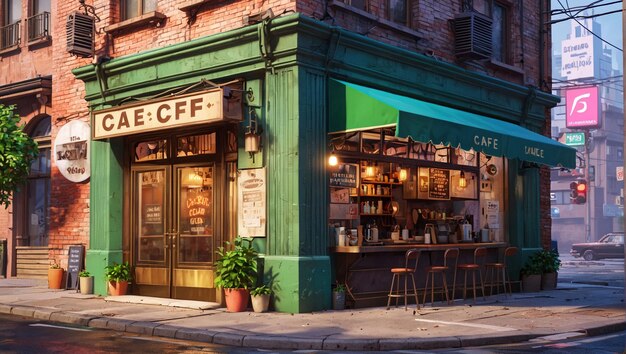 El exterior del frente de un café callejero vintage