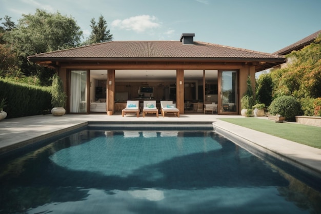 Exterior minimalista de la casa y gran piscina en concepto inmobiliario de verano.