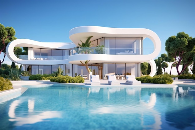 Exterior de una moderna villa blanca minimalista con piscina y cielo azul