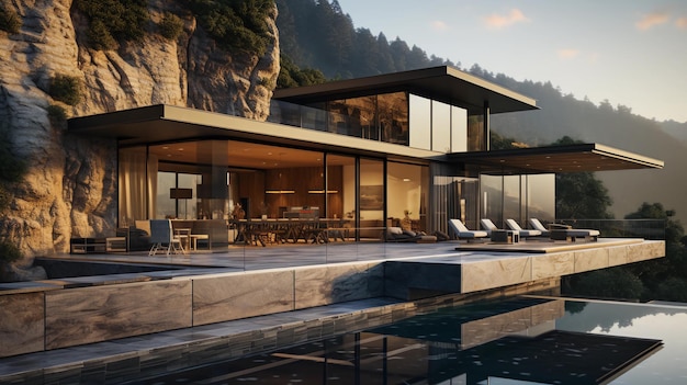 Exterior moderno de uma vila de luxo em estilo minimalista Casa de vidro nas montanhas