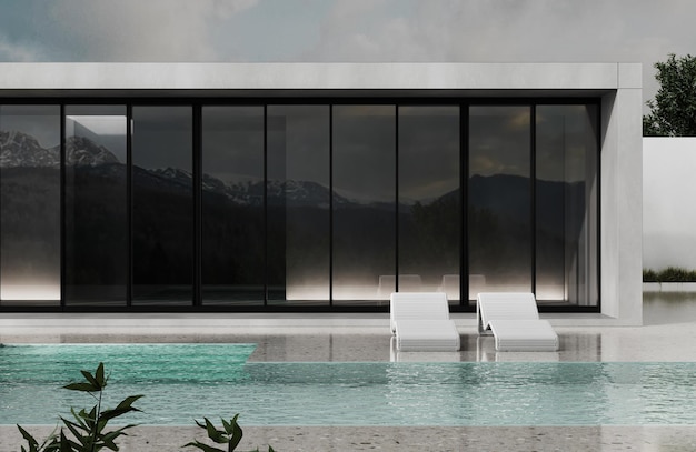 Exterior moderno e minimalista da casa branca com terraço da piscina cercado por natureza verde, pacífica e confortável, adequado para relaxar nas montanhas renderização em 3d