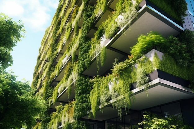 Exterior moderno de un edificio de apartamentos con plantas verdes Exterior arquitectónico de un apartamento