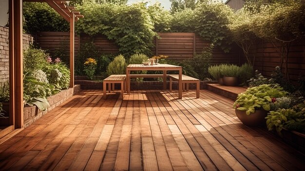 El exterior de un patio trasero con terraza de madera IA generativa