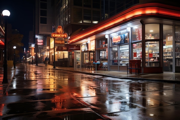 Exterior de tiendas de conveniencia por la noche iluminado por luces de neón IA generativa