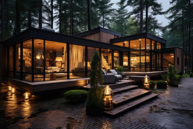 Foto exterior de villa de lujo moderna en estilo minimalista para glamping de lujo cabaña de vidrio en el bosque por la noche