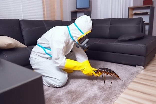 Exterminador de control de plagas de cucarachas, uniforme de pesticidas para matar termitas, sofá para insectos, IA generativa