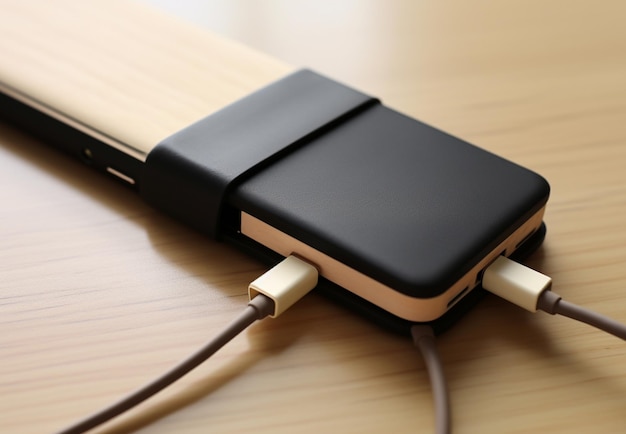Externe Festplatte mit USB-Kabel auf hölzernem Hintergrund
