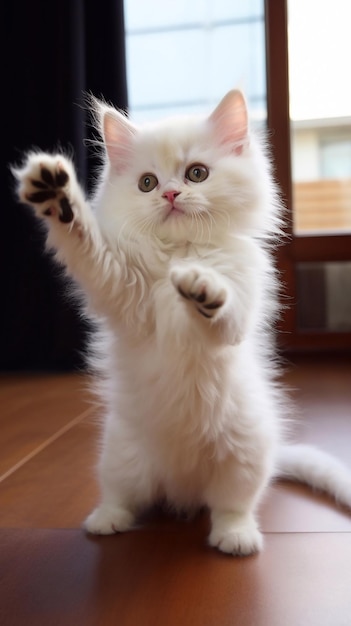 Se extiende un gatito blanco y esponjoso