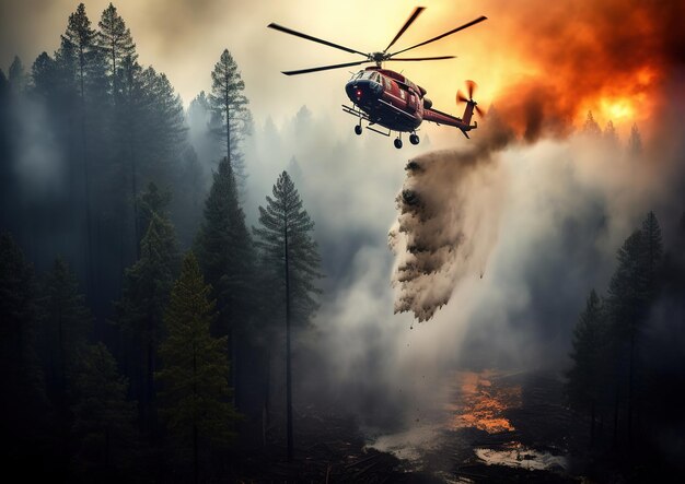 extinguiendo un incendio forestal un helicóptero arroja agua sobre el fuego