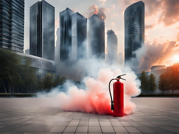 Extintor de incêndio montado no chão em frente a edifícios modernos e elegantes