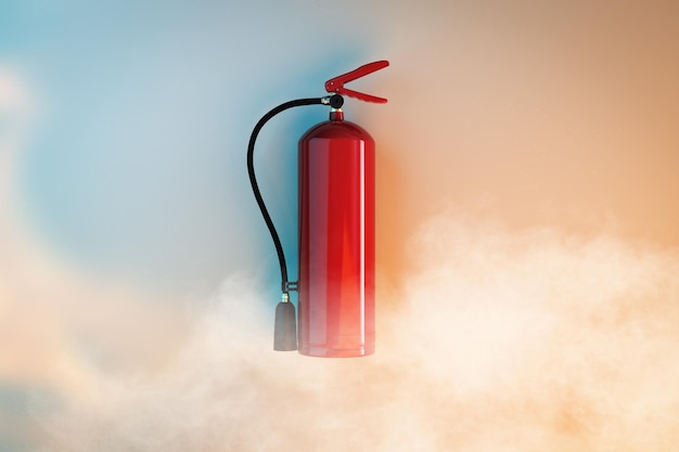 Extintor de fuego en la pared con humo