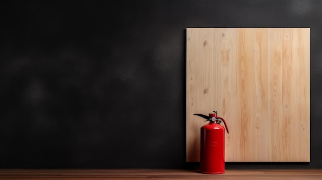 Extintor de fuego en pared de tablero de madera con