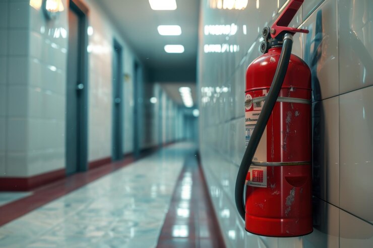 Un extintor de fuego rojo montado en la pared en un corredor de hospital limpio y bien iluminado con paredes azules
