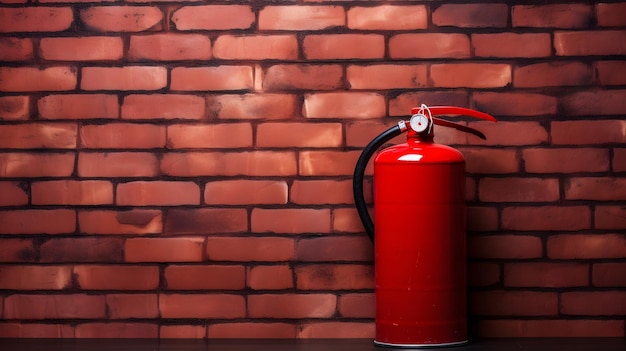 Extintor de fuego rojo en la pared de ladrillo