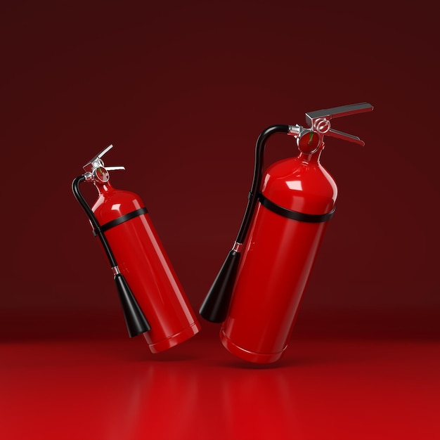 Extintor de incendios en la ilustración 3d de fondo rojo