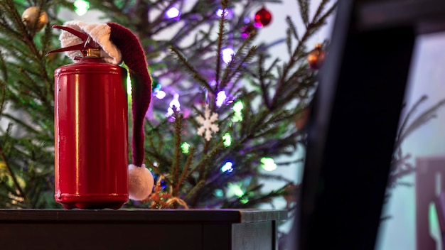 Extintor na tampa vermelha em pé na mesa de madeira preta contra o fundo da árvore de Natal