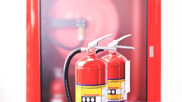El extintor rojo está listo para usarse en caso de una emergencia por incendio en interiores.