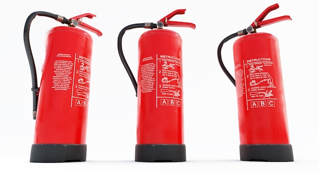 Extintores de incendios aislados sobre fondo blanco. Render 3D
