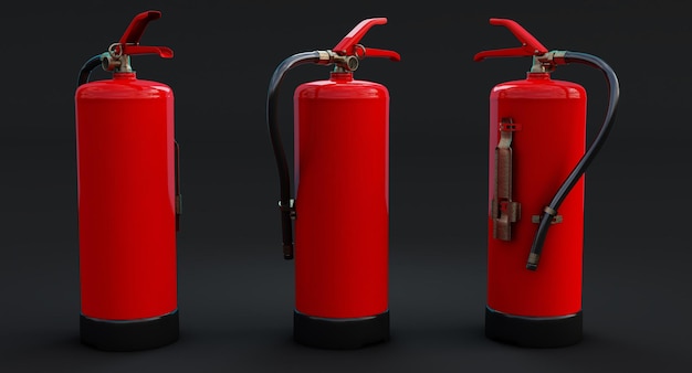 Extintores de incendios aislados sobre fondo oscuro. Render 3D