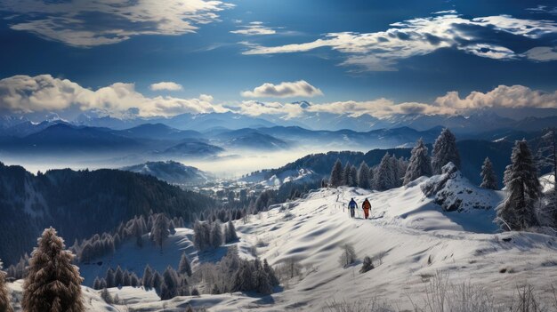 Foto extra amplio panorama de los cárpatos en invierno con nieve y rutas de senderismo