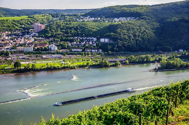 Extra langes Schiff transportiert Kohle auf dem Rhein bei B