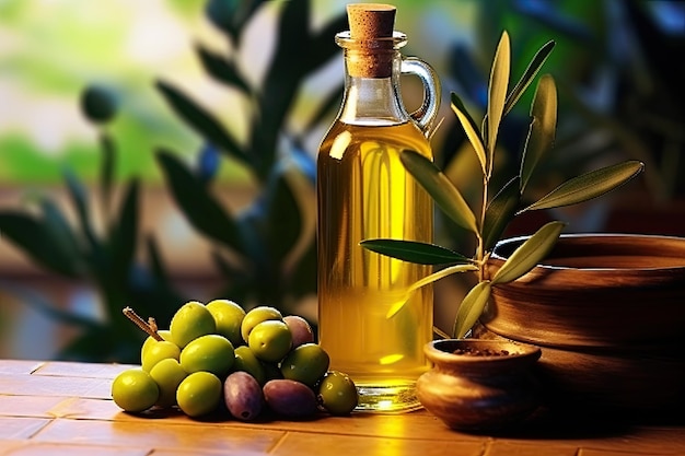 extra virgin Olivenöl fließt auf eine Holzschüssel voller grüner Oliven