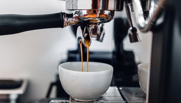 Extração de café da máquina de café com um porta-filtro despejando café em uma xícara