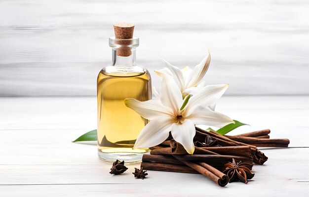 Extracto aromático casero de vainilla y flores de vainilla en w blanco