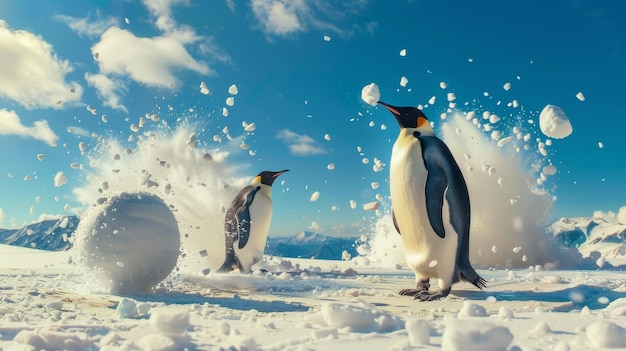 Foto una extraña escena de pingüinos armados con cañones de bola de nieve luchando contra los invasores enemigos. ilustración generada por ia