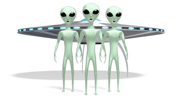 Extranjeros y nave espacial aislado sobre fondo blanco.