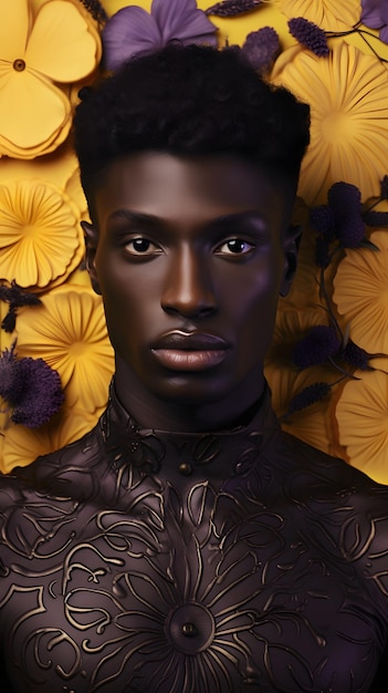 extraño extraño modelo masculino negro simétrico con lavanda y fondo dorado