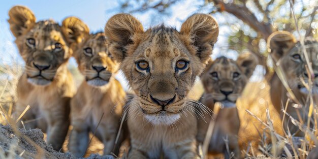 Foto un extraño grupo de pequeños leones juveniles inexpertos generativo ai